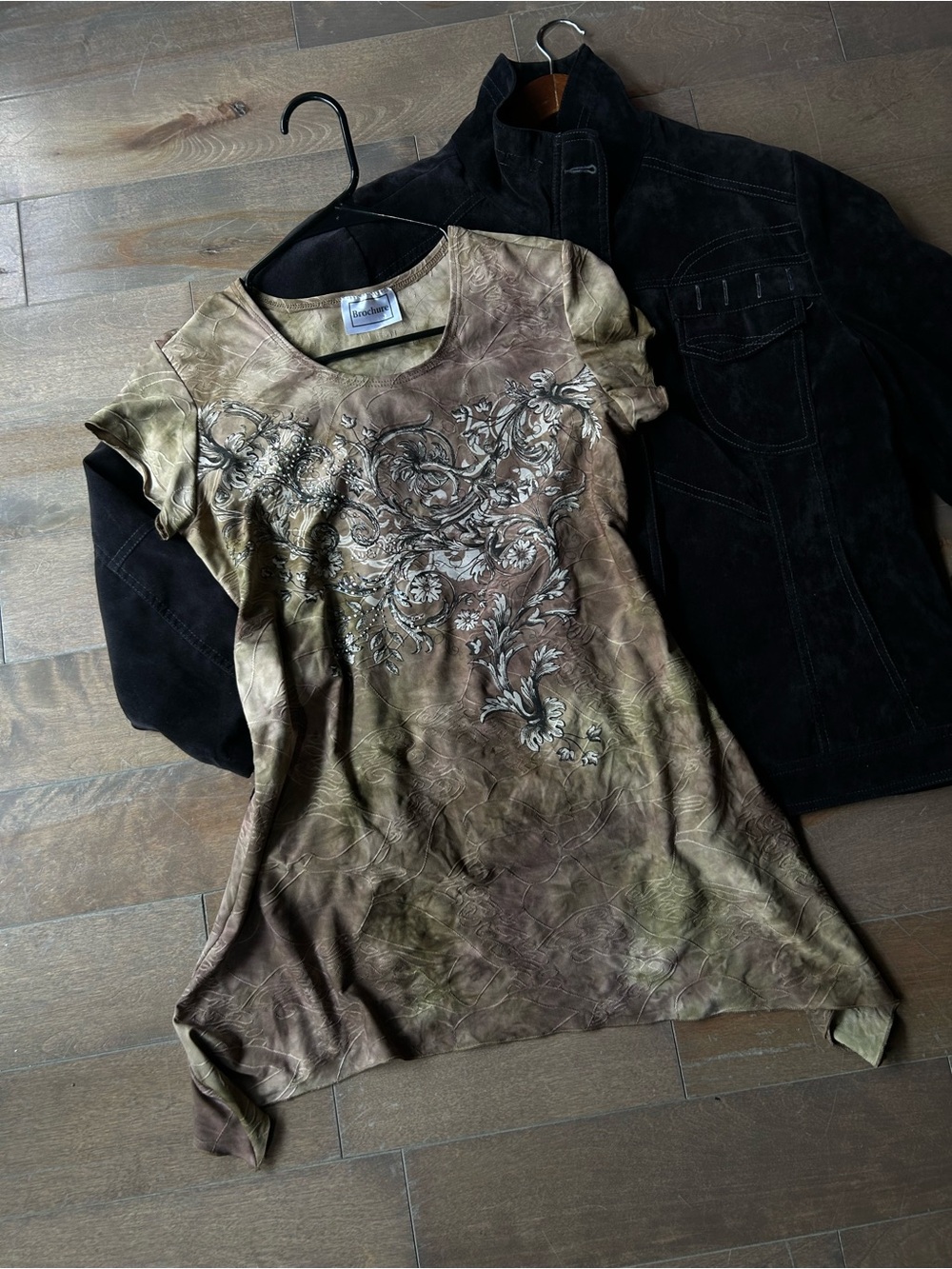Short Sleeve Olive Brown Embellished Women's Top